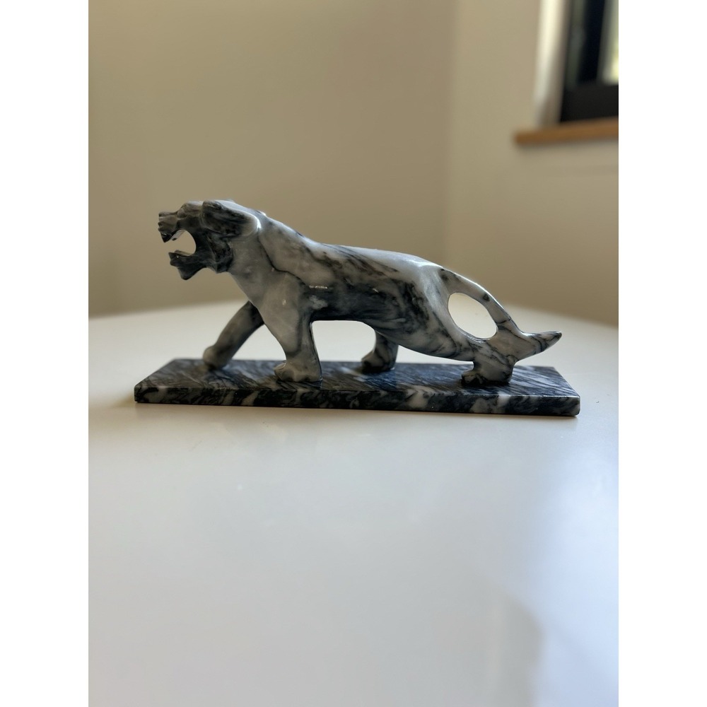 Vintage Marble Panther Statue Black White Stone Sculpture Mid Century Modern